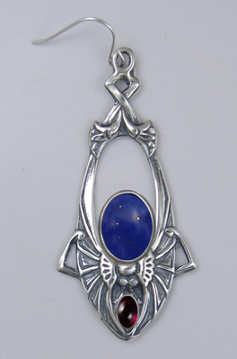 Sterling Silver Dramatic Art Deco Drop Dangle Earrings With Lapis Lazuli And Garnet